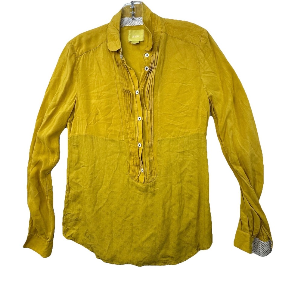 Maeve By Anthropologie Button Down Shirt Size 4 Pintuck Pleated Yellow